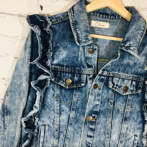 ELAN Acid Wash Ruffle Trim Denim Jean Jacket MED - Picture 4 of 7